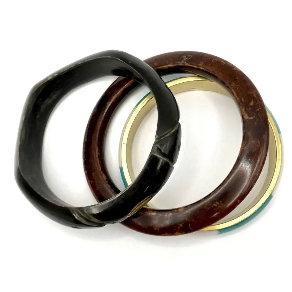 Set of 3 Bracelets Wooden Enamel Metal Aqua Teal Cream Gold Tone